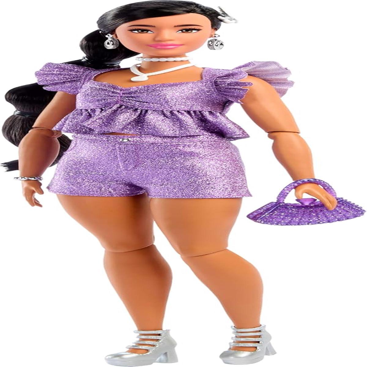 Barbie Deluxe Style #8 Black Hair in Braid in Metallic Purple Top and Sparkly Shorts Doll, Accessories for Kids Ages 4+