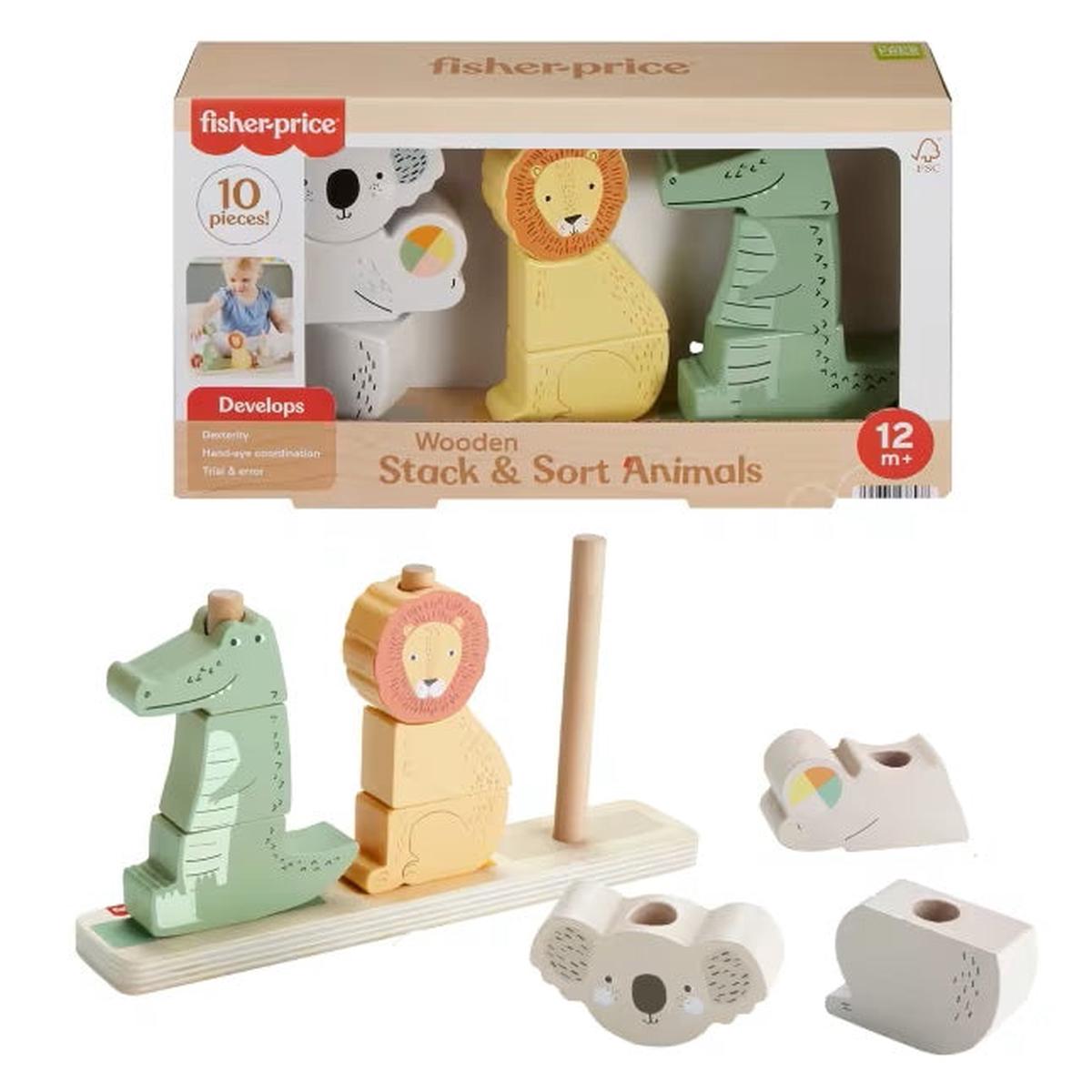 Wooden Stack & Sort Animals Baby & Toddler Toy, 10 Wood Pieces HXV04