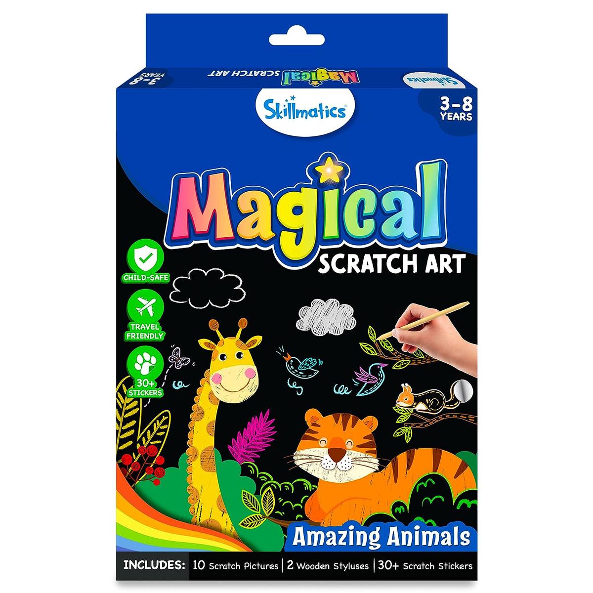 Skillmatics Magical Scratch Art Book – Animals DIY Activity & Stickers Craft Kits for Ages 3 to 8 Years