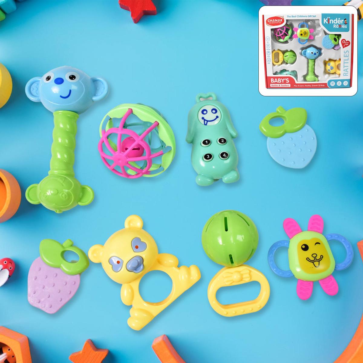 Kinder Rattles & Teething Set Non-Toxic Shake & Grab Baby Toys (8 Pcs Set)
