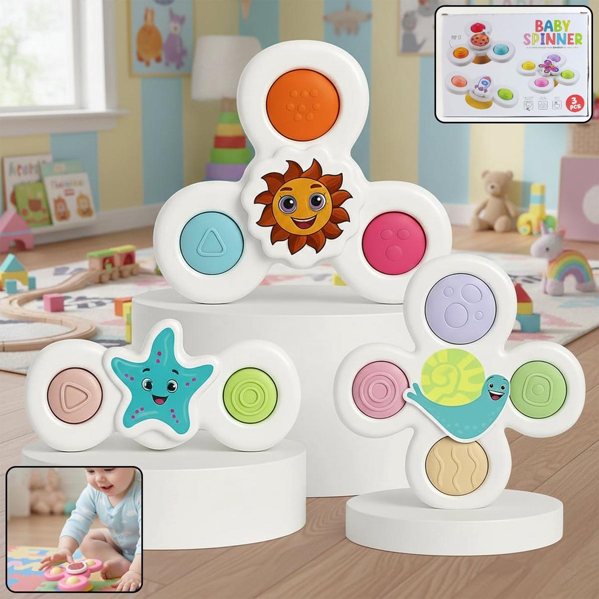 White Baby Spinner Toy Set Sensory Suction Spin Toys (3 Pc Set)